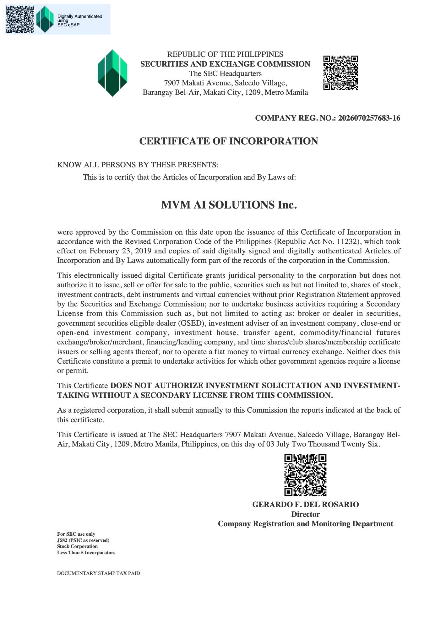 SEC Certificate of Incorporation, MVM AI Solutions Inc.